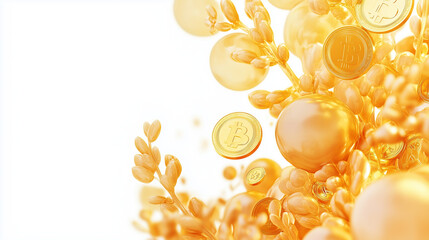 Golden Easter eggs decorated with ribbons surrounded by ingredients like pasta, corn, and vitamins on a white isolated background representing health and nutrition concept