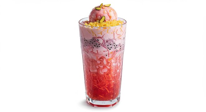 Refreshing falooda dessert with vibrant layers and ice cream topping isolated