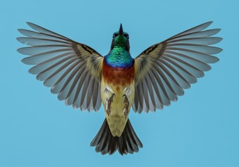 Fototapeta premium Detailed overhead view of a vibrant sunbird mid-flight against clear blue sky
