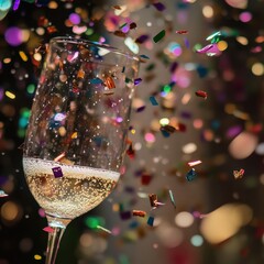 Bubbles and Festivities: a glass of champagne erupts with excitement and color as confetti fills the air, capturing a moment of celebration and joy.