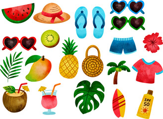 Summer Vacation Watercolor Elements – Tropical Fruits, Beach Accessories, and Travel Icons Set