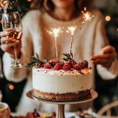 Celebration Cake: A beautifully decorated cake adorned with sparklers and fresh berries, held by someone at a festive gathering. The cake is ready to be enjoyed!