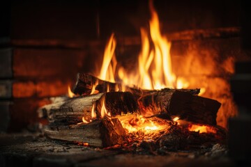 Fototapeta premium A warm, inviting fire burns brightly within a rustic brick fireplace, casting a flickering orange glow. The logs crackle and embers glow