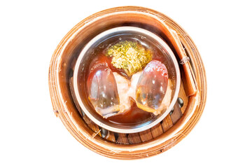 Top view of dimsum Topping with Red Salted Eggs, focus selective