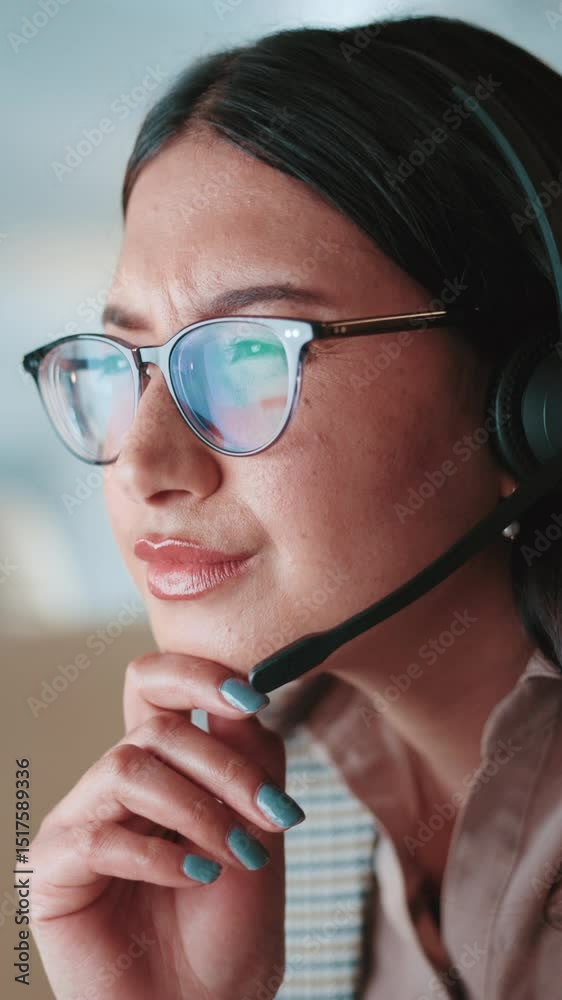 Poster consultant, woman and reading on computer for customer service chat, sales consulting and loan. faq,
