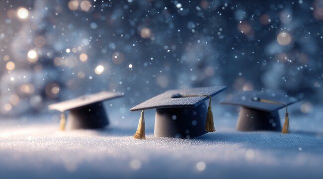 Three graduation caps rest in the snow against a bokeh background of twinkling lights and falling snow, suggesting a winter graduation or celebratory scene
