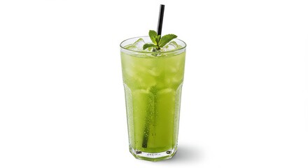 Refreshing Green Elixir: A Zesty Summer Beverage with Mint Garnish on white
