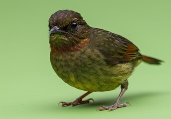 Fototapeta premium Detailed close-up of a small bird with green and brown feathers, isolated on a plain background