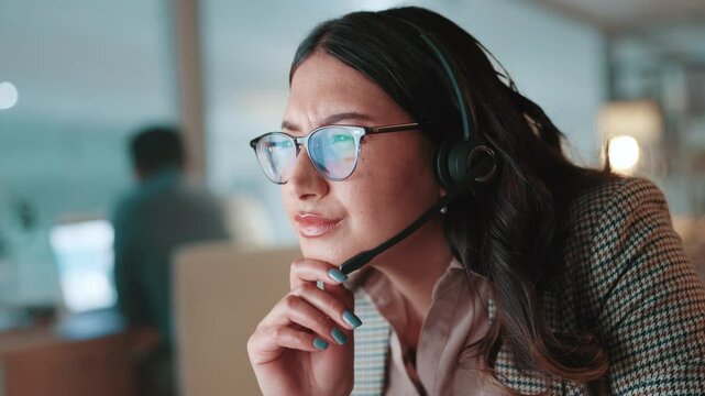 Headset, thinking and woman customer service agent in office at night with confusion for translation. Mic, ideas and female call center consultation with online multilingual query in workplace.
