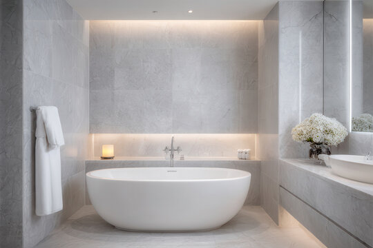 serene wellness tech bathroom featuring modern bathtub surrounded by smart gadgets soft lighting creates calming