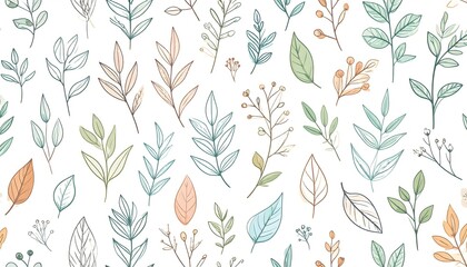 Seamless pattern of hand-drawn botanical elements including leaves, branches, and herbs, soft pastel tones, pencil and ink sketch style