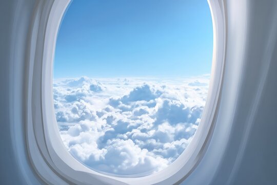 An airplane window offers a breathtaking view of a vast expanse of fluffy white clouds beneath a clear, bright blue sky