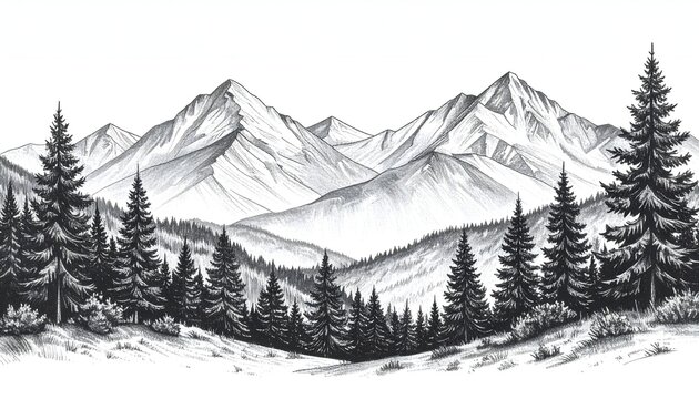 Hand-drawn mountain landscape with pine trees and sunrise, pencil and ink sketch, black and white with textured paper effect