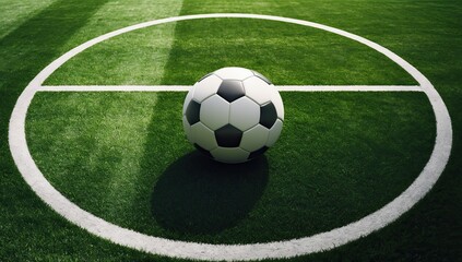 Black-and-White Soccer Ball at the Center of a Green Field, Illuminated by Sunlight