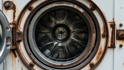 Obraz premium Old Washing Machine with Rust Around the Door and Metallic Drum