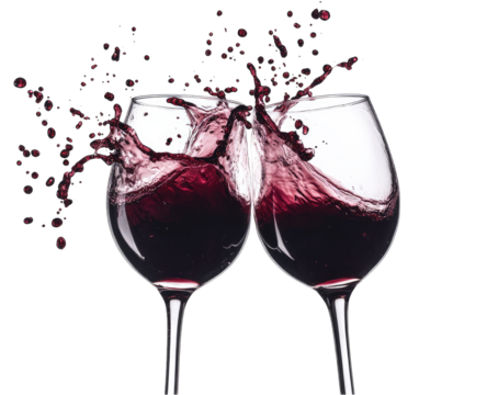Two wine glasses clinking, splashing liquid
