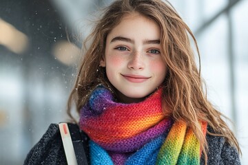 Teen girl with red hair and freckles smiling outdoors, wearing a colorful rainbow scarf and a dark coat, holding books, with a blurred background