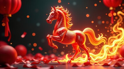 Fiery red horse sculpture with glow on festive background and lanterns. symbol of 2026 Red Fire Horse New Year's background