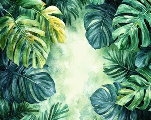 Intricate watercolor illustration of tropical leaves.