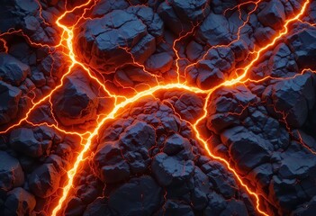 Molten lava flowing through cracks in dark volcanic rock at night