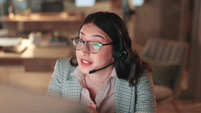 Headset, woman and call center agent in office at night for international consultation with translation. Mic, tech and female customer service consultant with multilingual support for global client.
