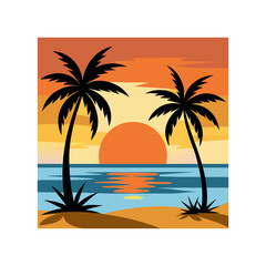 Tropical palm trees silhouetted against a vibrant sunset sky over a serene beach and ocean