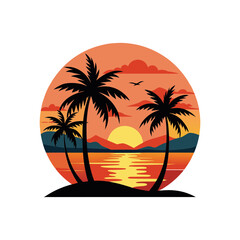 Tropical island sunset with palm tree silhouettes on a summer beach