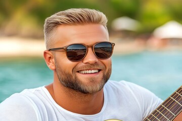 Smiling man playing guitar by the beach in warm sunlight with vibrant greenery in the background