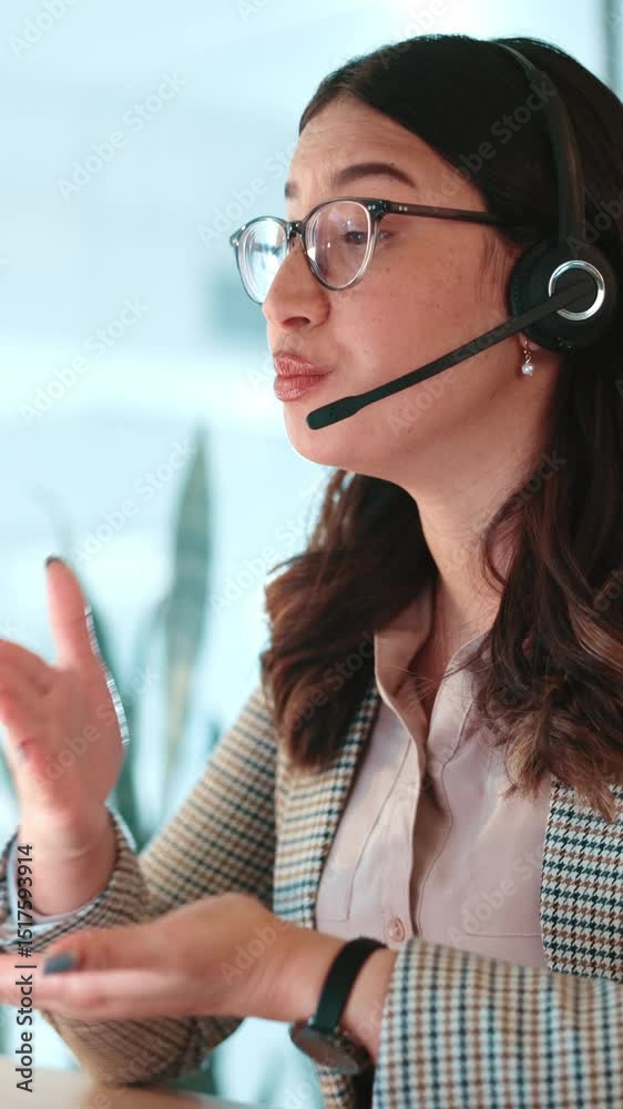 Poster financial advisor, woman and explain in call center for customer service chat, sales consulting or l
