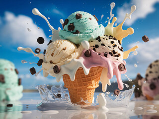 Delicious Triple Scoop Ice Cream Cone with Milk Splash