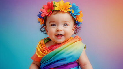 Portrait of little baby girl wearing flower wreath and colorful toga. Abstract gradient background.