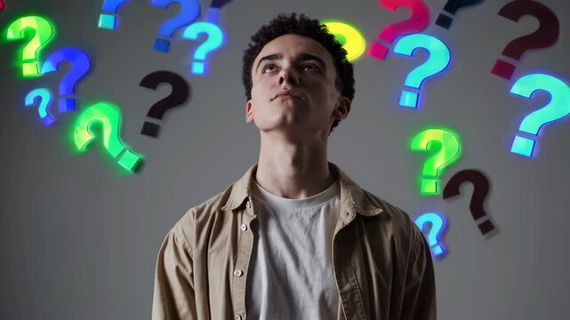 Contemplative journey surrounded by colorful question marks reflecting uncertainty and curiosity