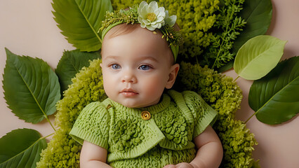 Portrait of a little baby, organic fashion, eco-friendly and sustainable materials. Green leaves background.