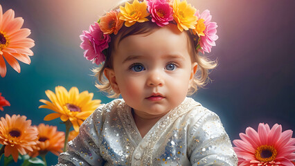 Portrait of little baby girl wearing flower wreath. Abstract gradient background.