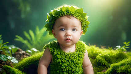 Portrait of a little baby. Concept of organic and eco-friendly fashion with sustainable materials. Abstract forest background.
