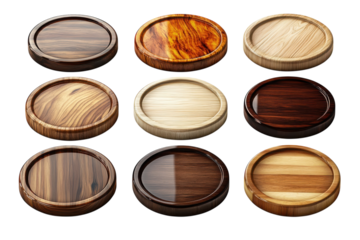 Wooden coaster variety set with different grain textures for drinks rustic on transparent background