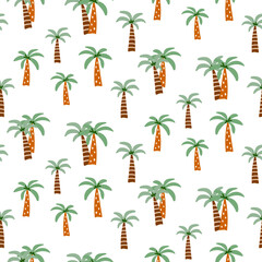Seamless palm tree pattern in cute hand-drawn style. For summer prints, tropical-themed designs, fabric, textile, wallpapers, and beach decor. Vector illustration