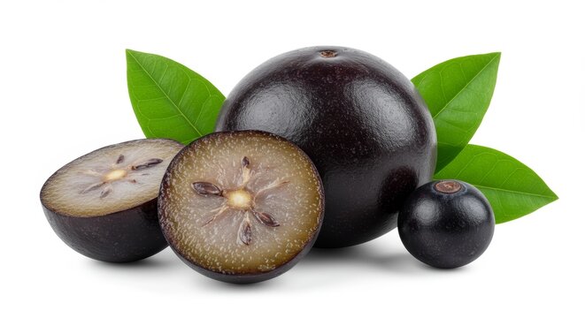 Exotic java plum fruits with vibrant green leaves against a white backdrop