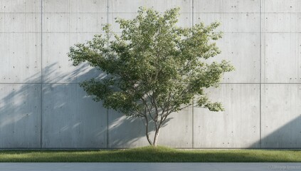 A digitally rendered image shows a small deciduous tree with light-green leaves, planted in a small patch of grass in front of a large, light-grey concrete wall.  Sunlight casts shadows on the wall