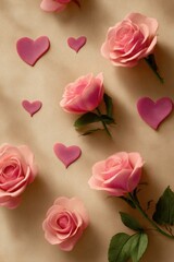 Flatlay of pink roses and hearts on a beige background, illuminated by soft sunlight casting shadows