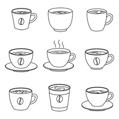 Outline Coffee Cups and Mugs - Hot Beverage and Cafe Line Art Vector Icons Set
