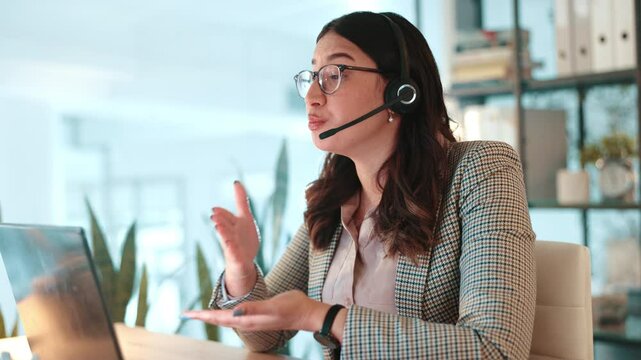 Headset, laptop and woman customer service agent in office for global consultation with translation. Mic, technology and female call center consultant with multilingual support for online client.