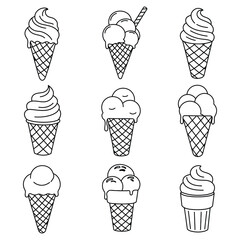 Outline Ice Cream Cones and Scoops - Sweet Dessert Line Art Vector Icons Set