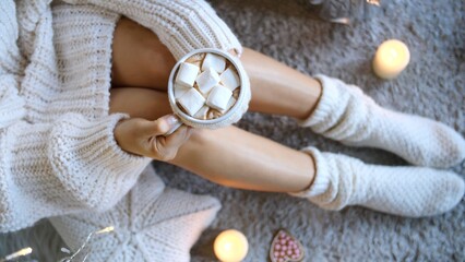 Woman wearing a cozy white sweater and socks is sitting on a soft carpet, holding a mug of hot chocolate with marshmallows, enjoying a relaxing winter evening by candlelight