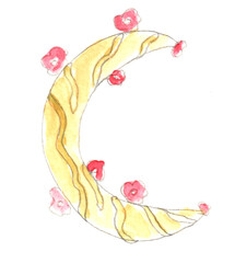 Moon with flowers. Watercolor illustration, hand drawn modern freehand new