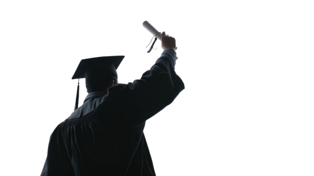 Back View of Graduate Celebrating with Raised Arm Holding Diploma with Copy Space for Text – Symbol of Achievement