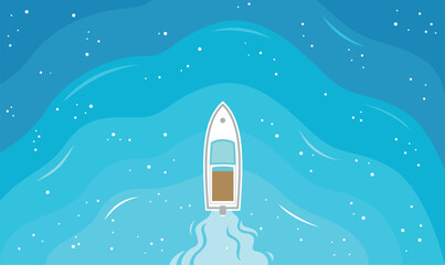 Aerial Top View of a Boat Gently Drifting Across the Center of Vast Blue Ocean Lake Water