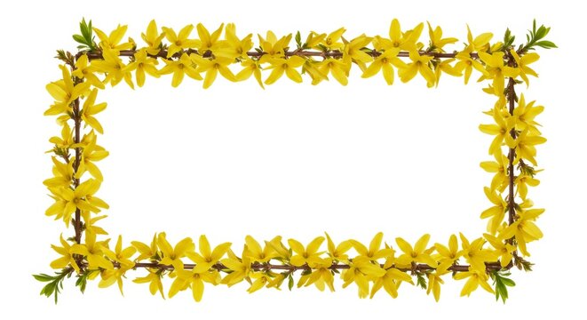 Golden forsythia floral frame with bright yellow blossoms for springtime designs