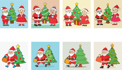 Santa Claus And Mrs Claus With Christmas Trees Cartoon Vector Illustrations