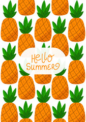 Hello Summer fruit card. Fun summer pineapple pattern with bright colors. Perfect for greeting cards, posters, invitations, and tropical-themed designs. Vector illustration